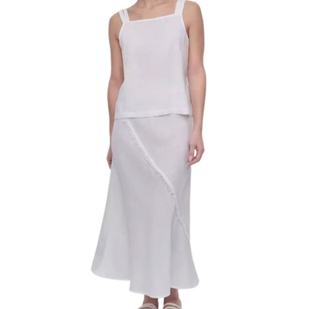 DKNY Pure Women White Linen Maxi Skirt S Frayed Seam Quiet Luxury Euro